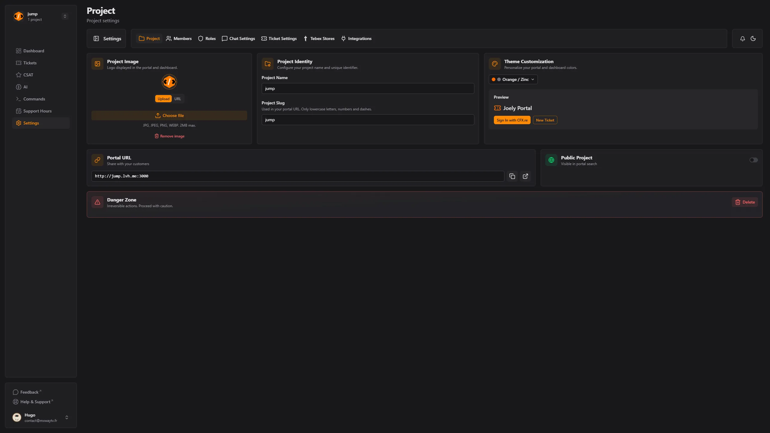Dashboard settings panel