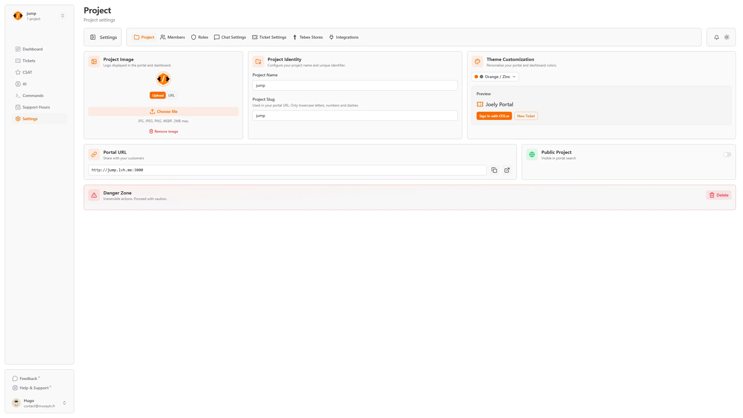 Dashboard settings panel