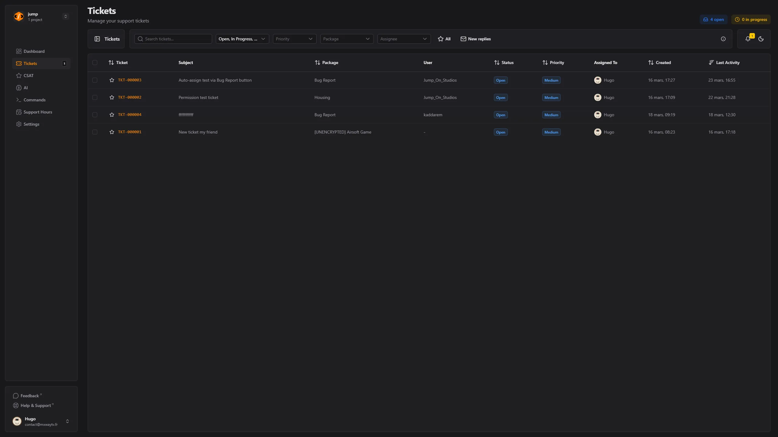 Dashboard ticket list view