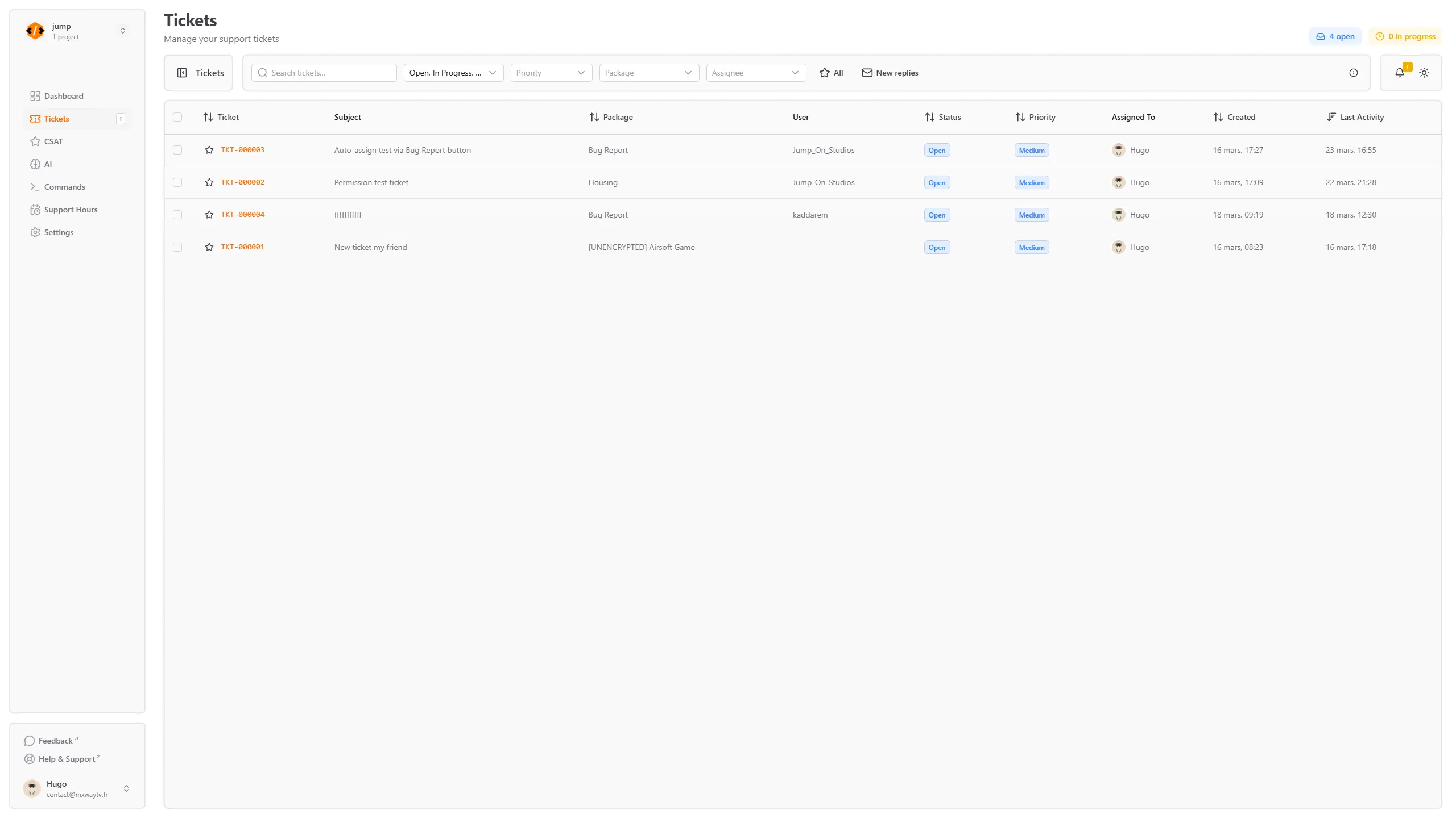 Dashboard ticket list view